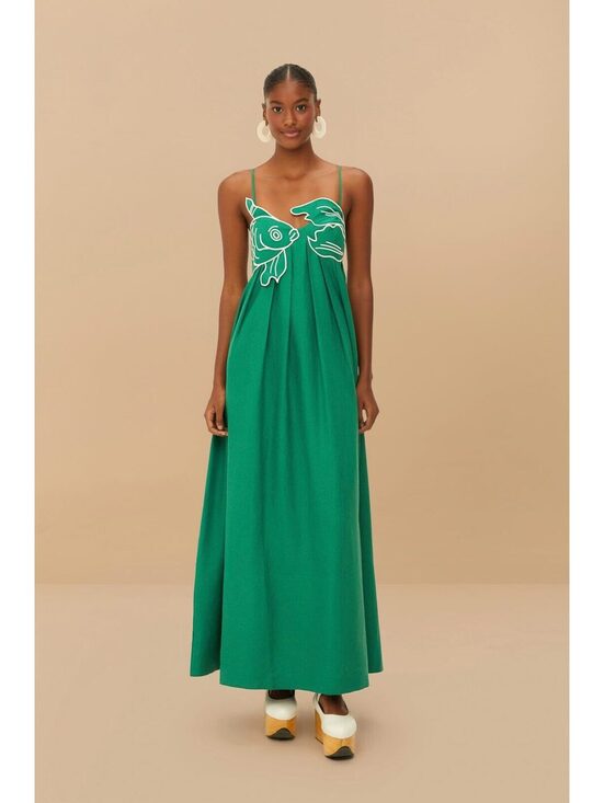 Farm Rio Dresses & Skirts - FARM RIO Iconic Linen Blend Green Embroidered Koi Fish Maxi Dress XL NWT